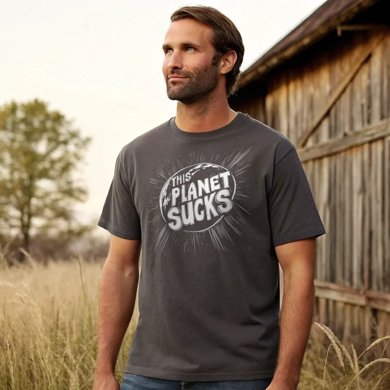 This planet sucks sport gray t-shirt on a male model.