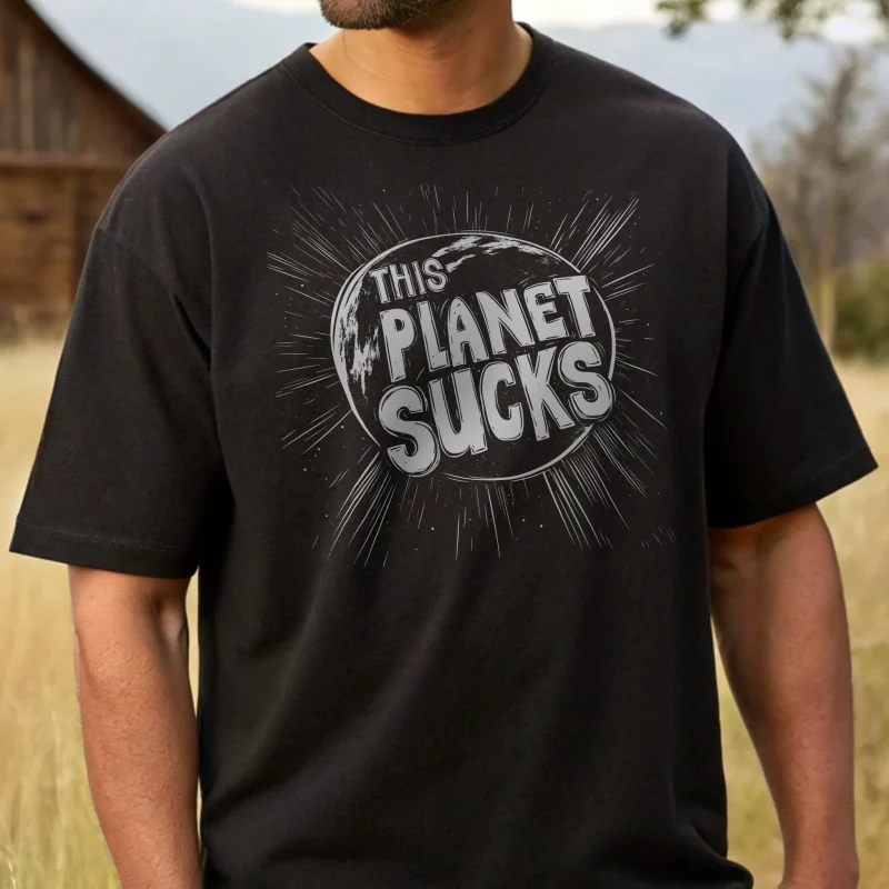 This planet sucks black t-shirt on a male model closeup.