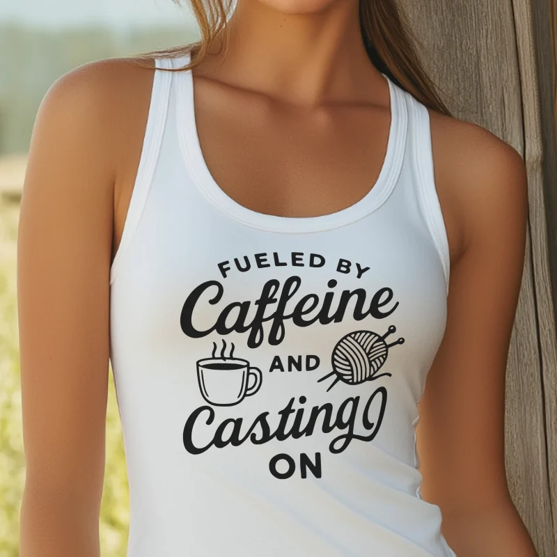 Fueled By Carreine And Casting On Knitting 001 White Womens Tank Full Body Closeup