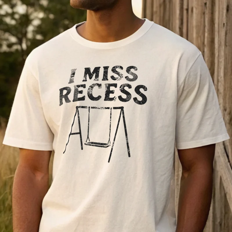 I miss recess.. Male model closeup. White t-shirt with black text .