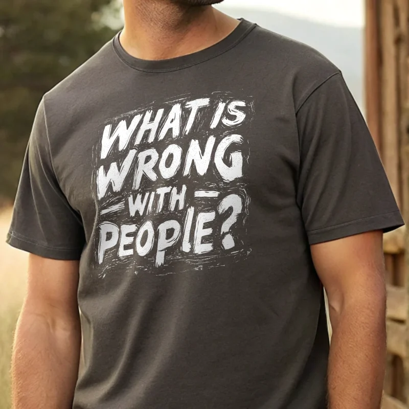 What is wrong with people? Male model full body pose. Sport grey t-shirt with white text closeup.