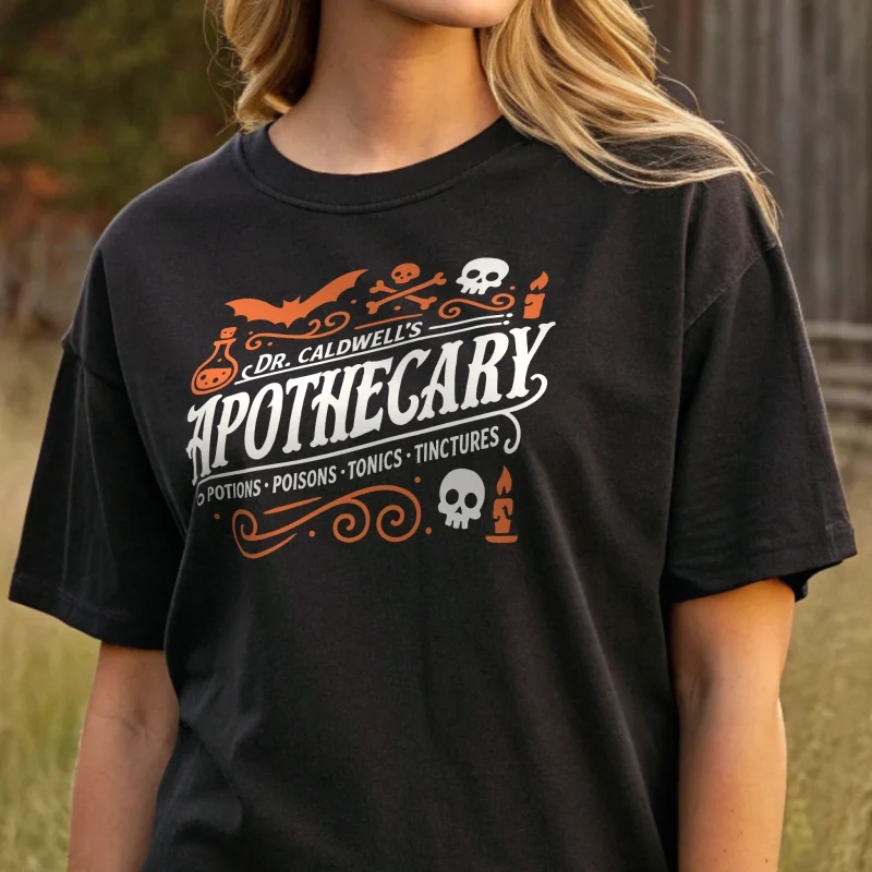 Dr Caldwell Apothecary Haloween 016 Black Shirt Female Model Full Body Closeup