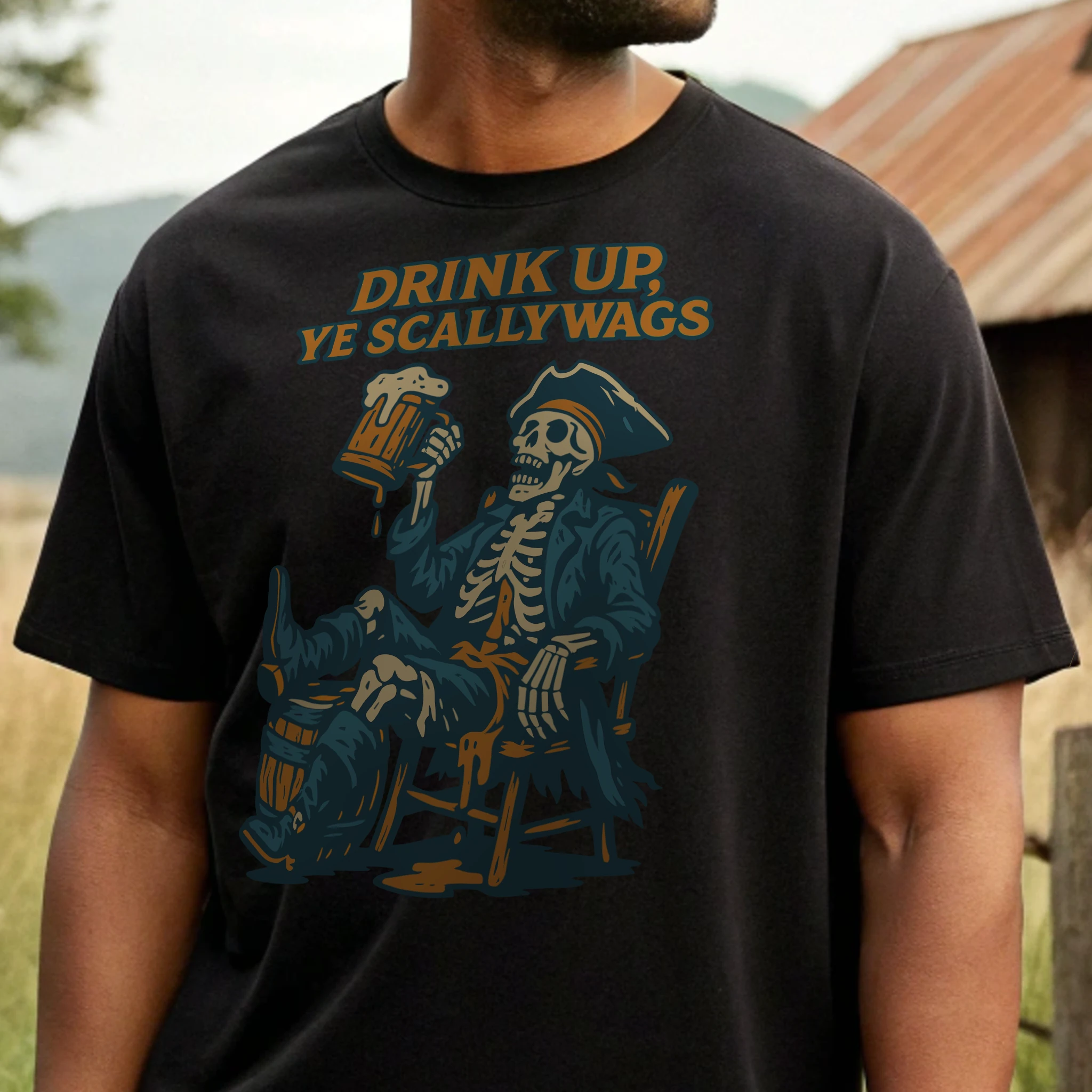 Drink Up Ye Scallywags Halloween 017 Black Shirt Male Model Full Body Closeup