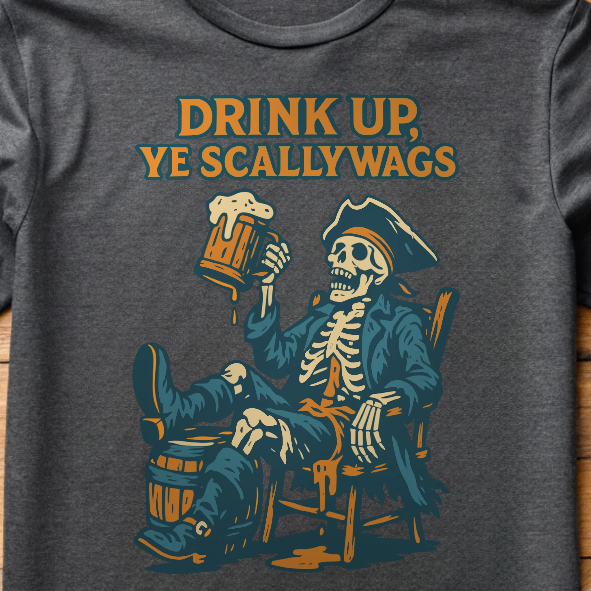 Drink Up Ye Scallywags Halloween 017 Charcoal Shirt Layflat Closeup