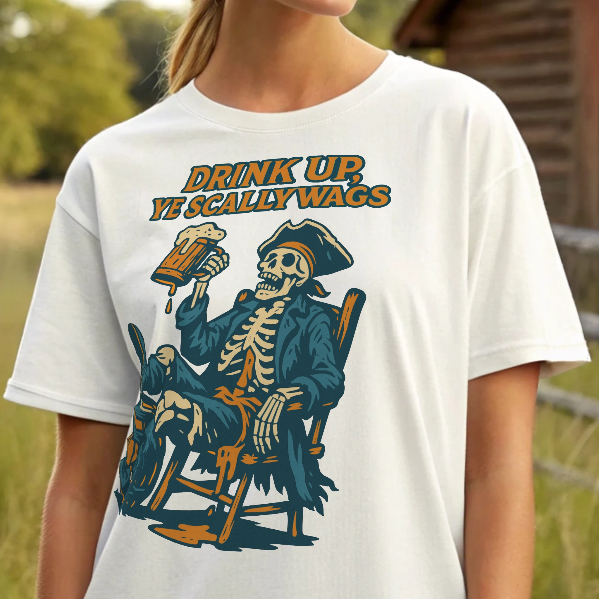 Drink Up Ye Scallywags Halloween 017 White Shirt Female Model Full Body
