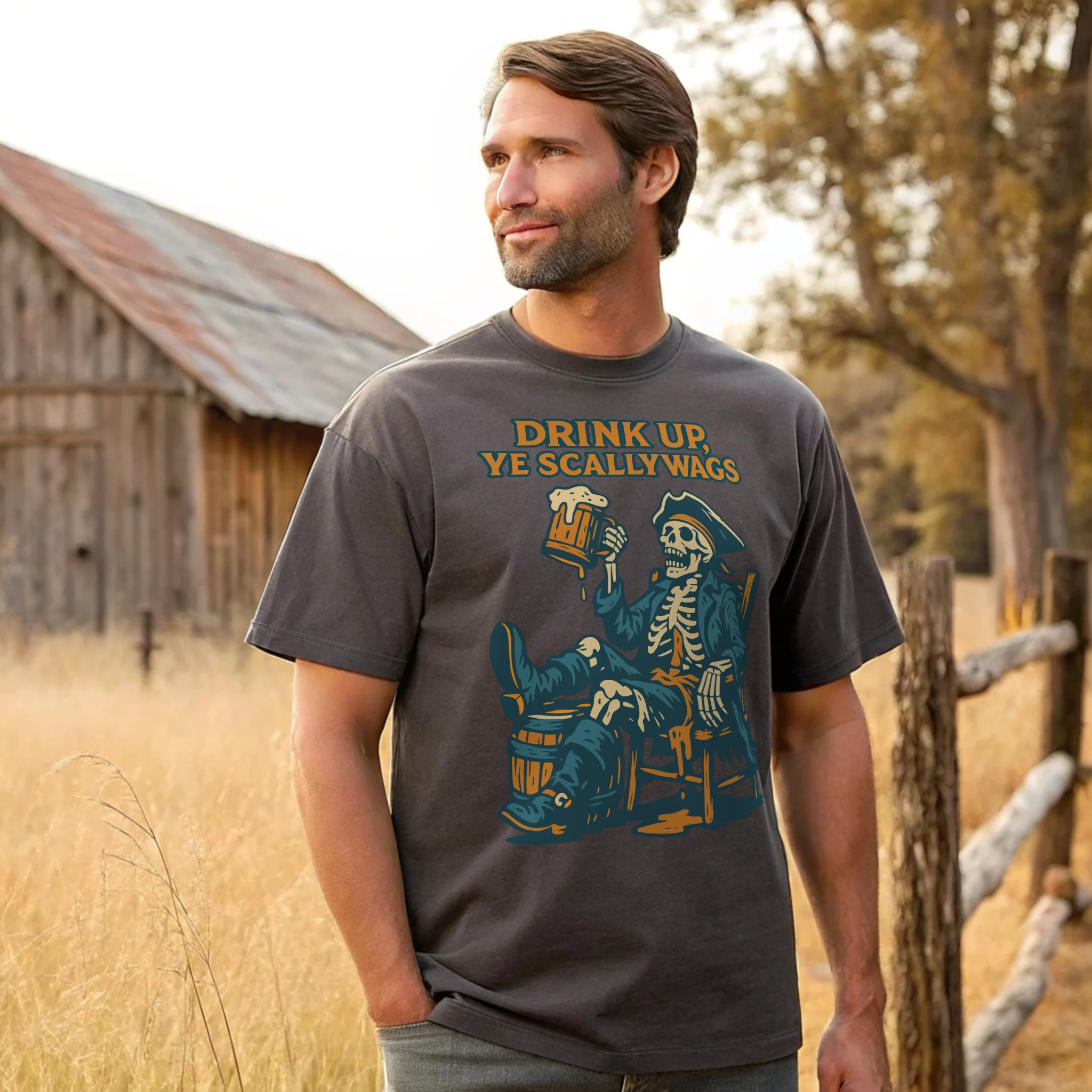 Drink Up Ye Scallywags Haloween 017 Charcoal Shirt Male Model Full Body
