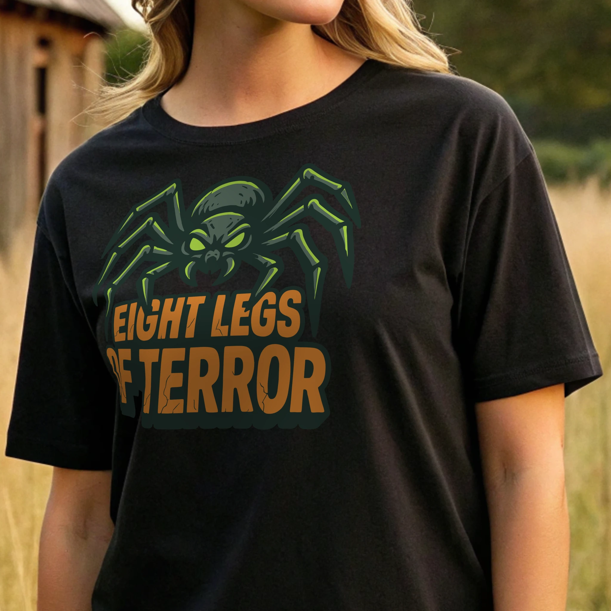 Eight Legs Of Terror Halloween 020 Black Shirt Female Model Full Body Closeup