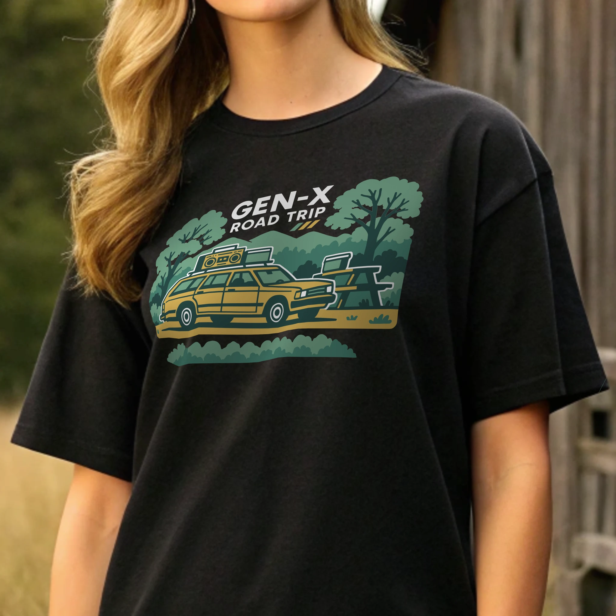 Gen X Road Trip Genx 008 Black Shirt Female Model Full Body Closeup