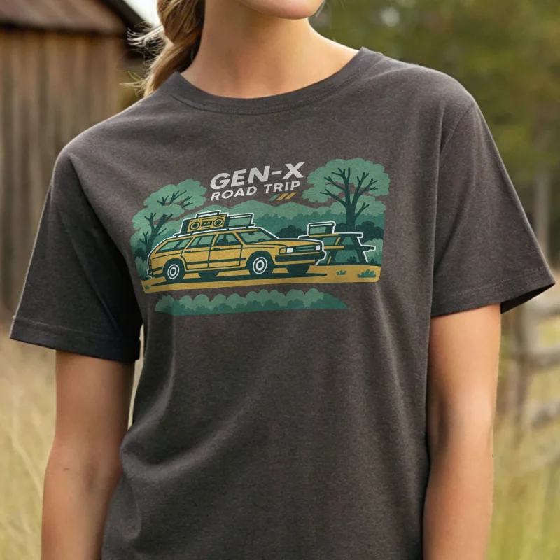 Gen X Road Trip Genx 008 Charcoal Shirt Female Model Full Body Closeup