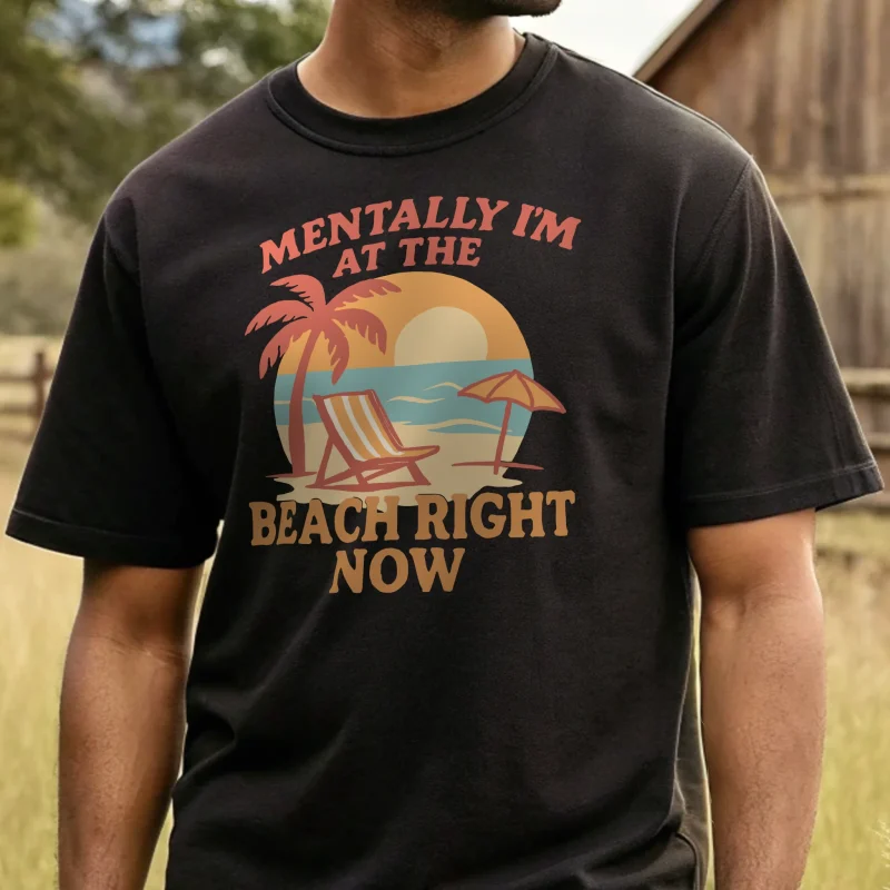 Mentally Im At The Beach Vacation 002 Black Shirt Male Model Full Body Closeup