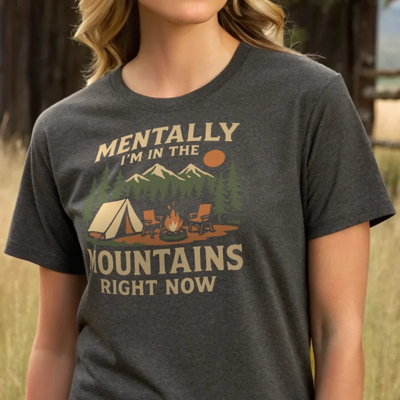 Mentally Im In The Mountains Vacation 003 Charcoal Shirt Female Model Full Body Closeup