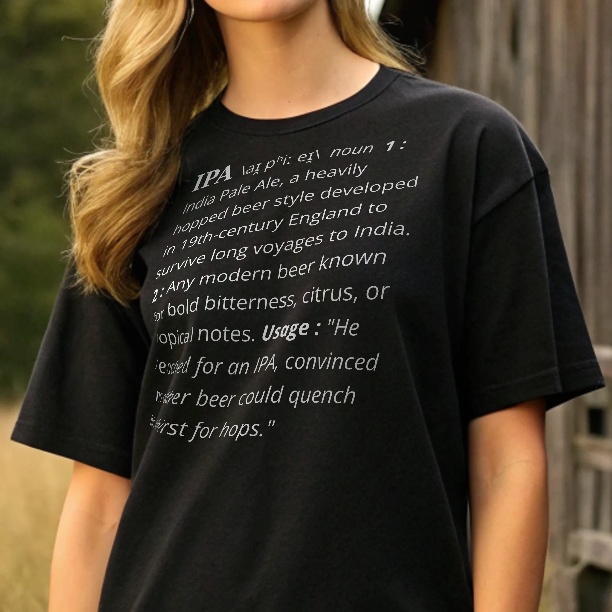 IPA Definition Beer 001 Black Shirt Female Model Full Body Closeup