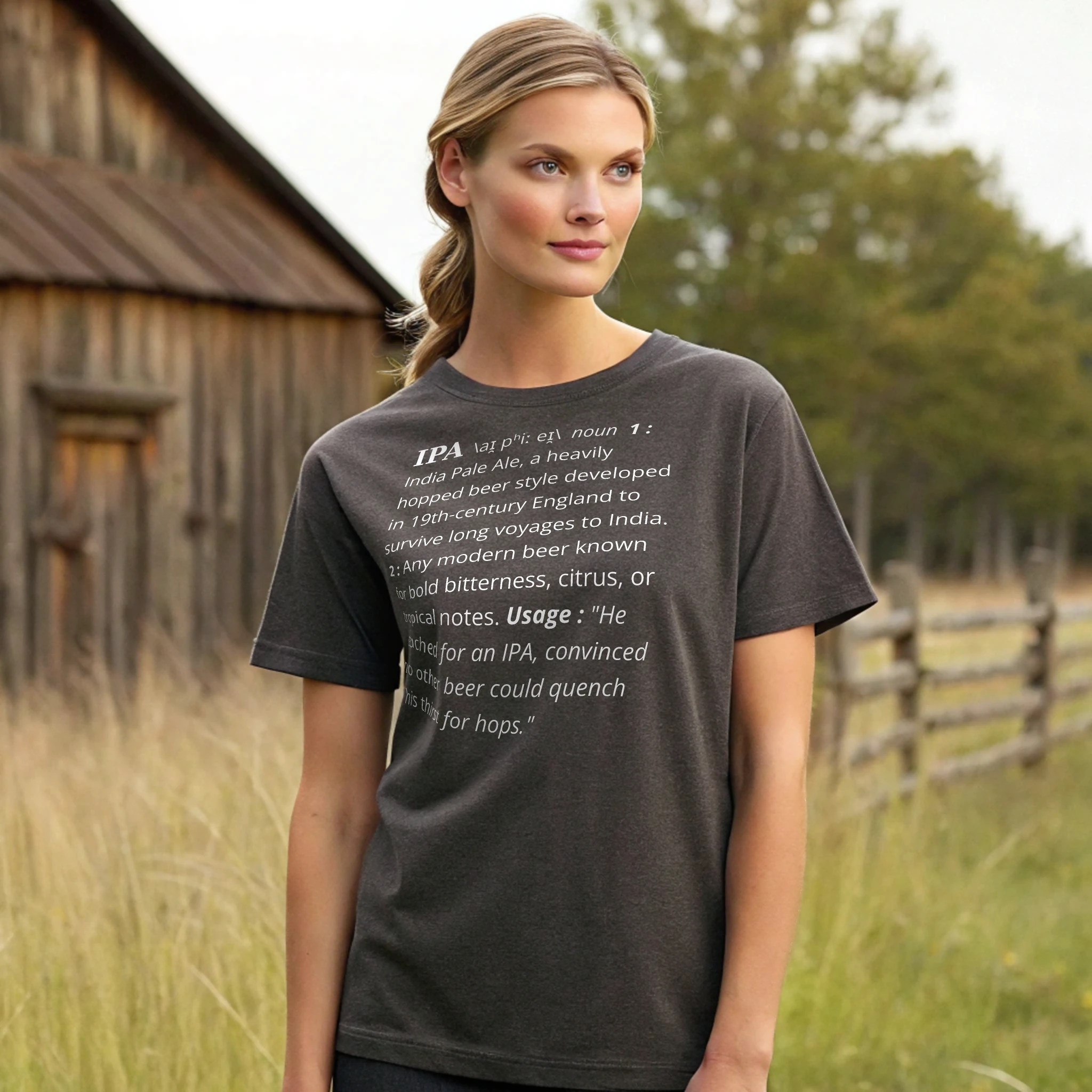 IPA Definition Beer 001 Charcoal Shirt Female Model Full Body