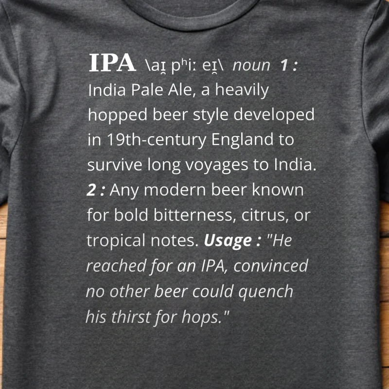IPA Definition Beer 001 Charcoal Shirt Layflat Closeup