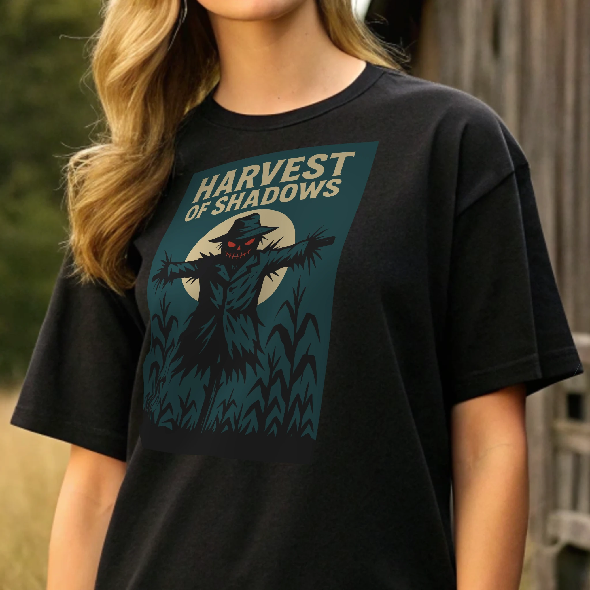 Harvest Of Shadows Halloween 021 Black Shirt Female Model Full Body Closeup