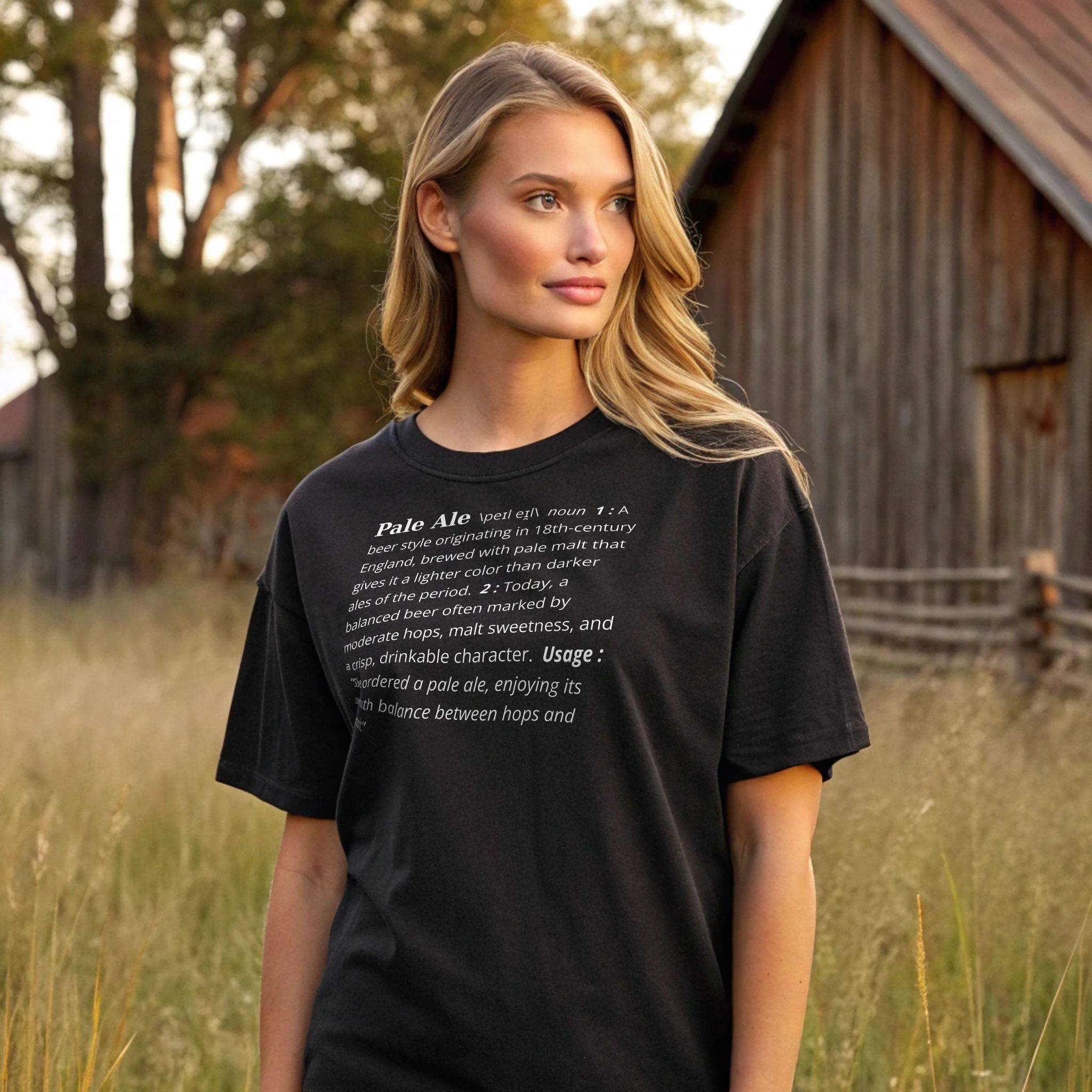 Pale Ale Definition Beer 002 Black Shirt Female Model Full Body