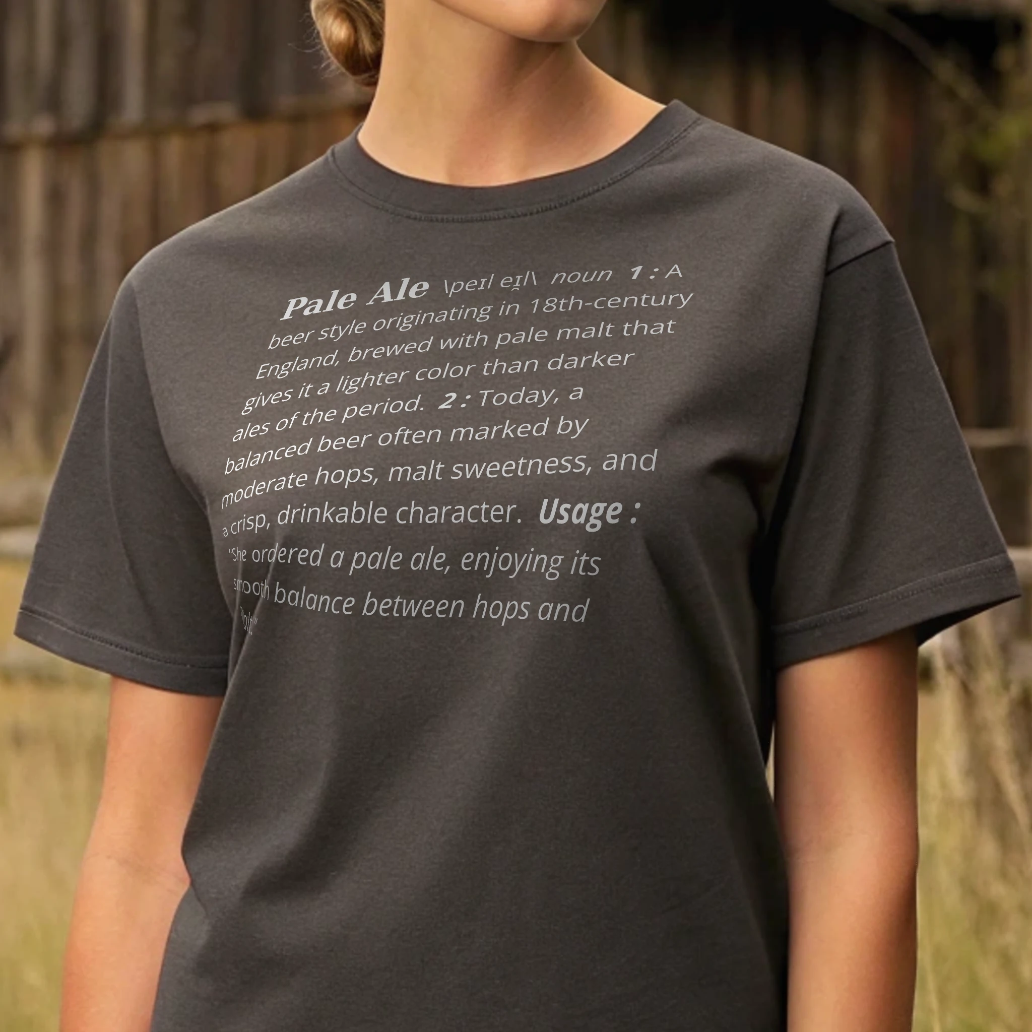 Pale Ale Definition Beer 002 Charcoal Shirt Female Model Full Body Closeup