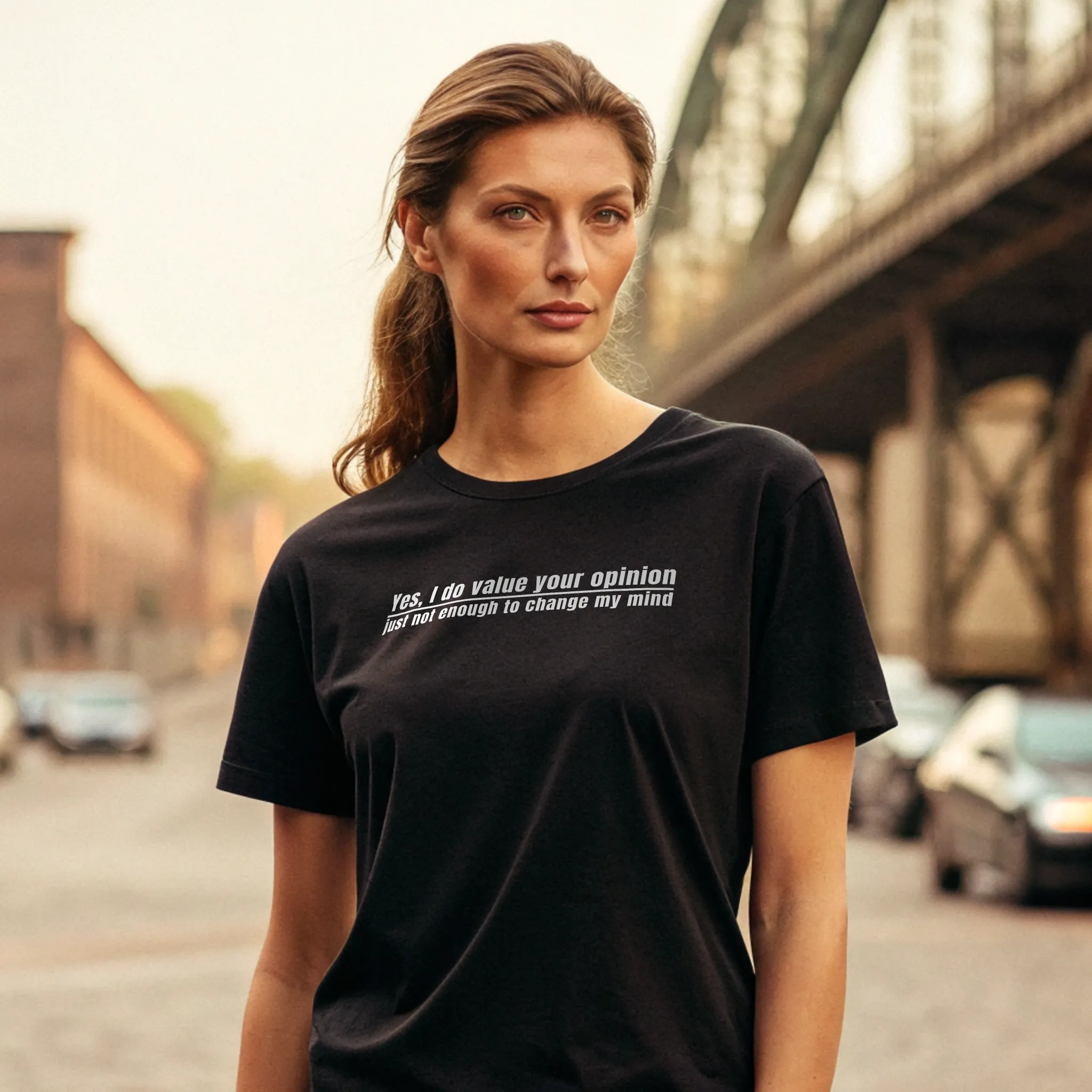 I Value Your Opinion Fun 017 Black Shirt Female Model Full Body