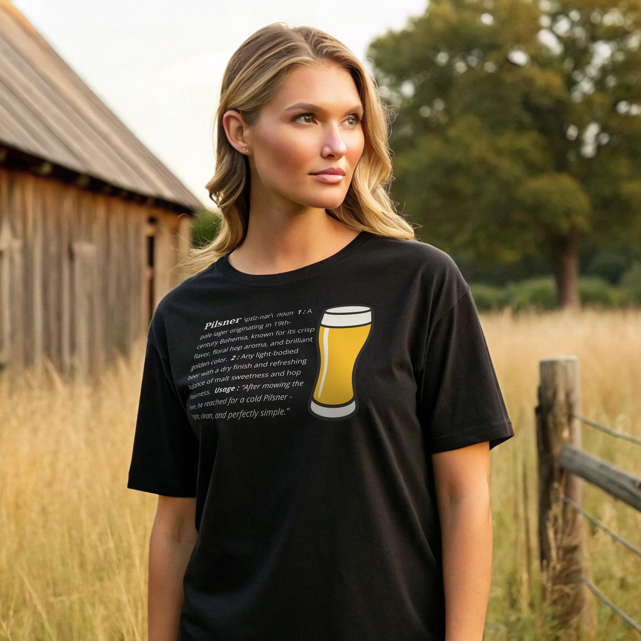 Pilsner Definition Beer 006 Black Shirt Female Model Full Body