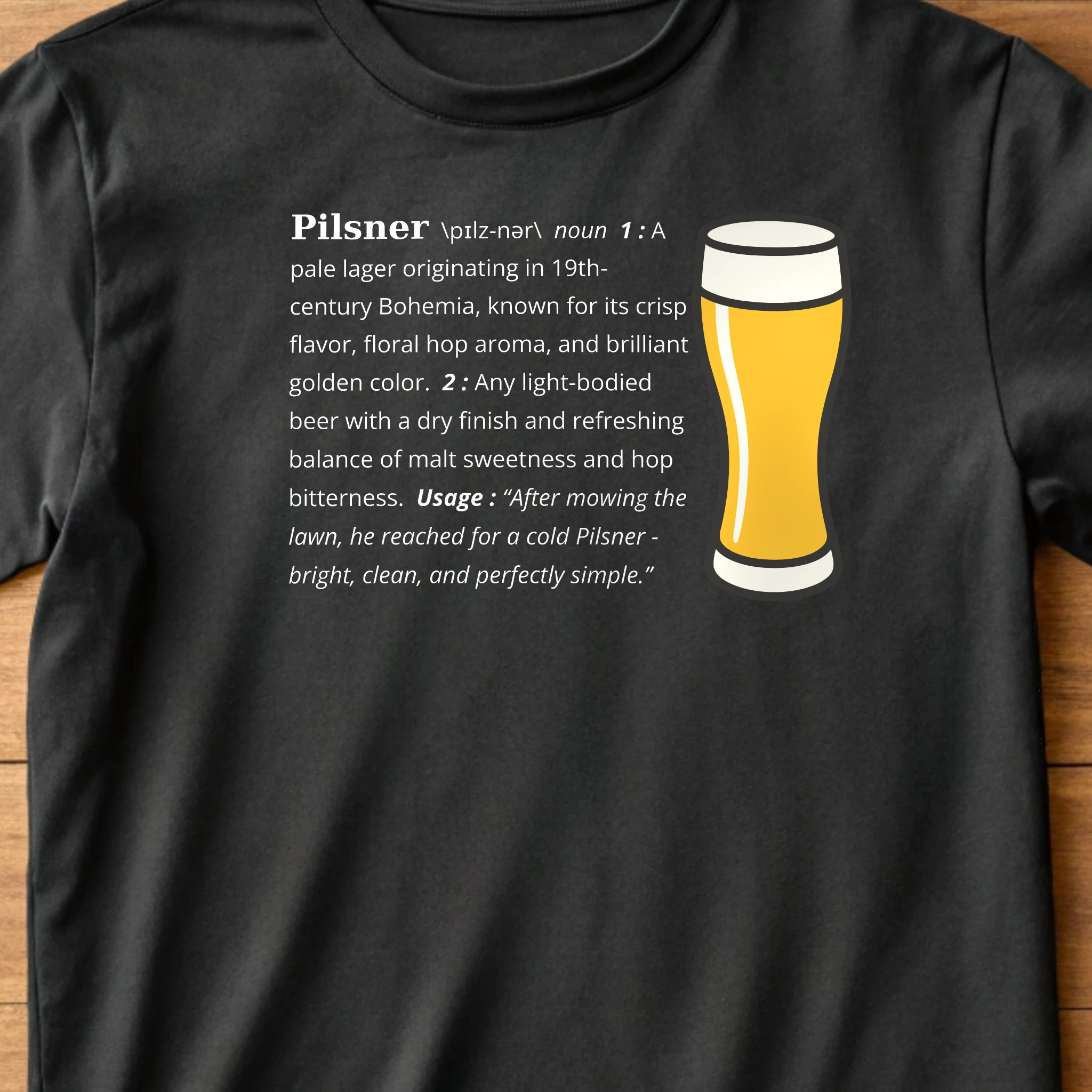 Pilsner Definition Beer 006 Black Shirt Layflat Closeup