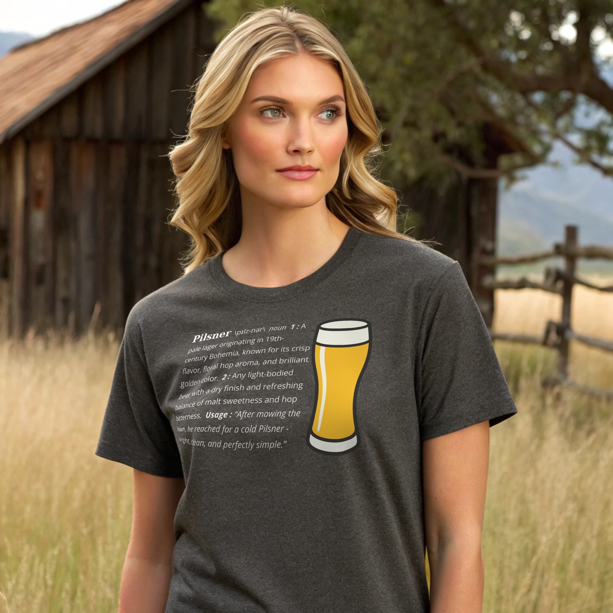 Pilsner Definition Beer 006 Charcoal Shirt Female Model Full Body