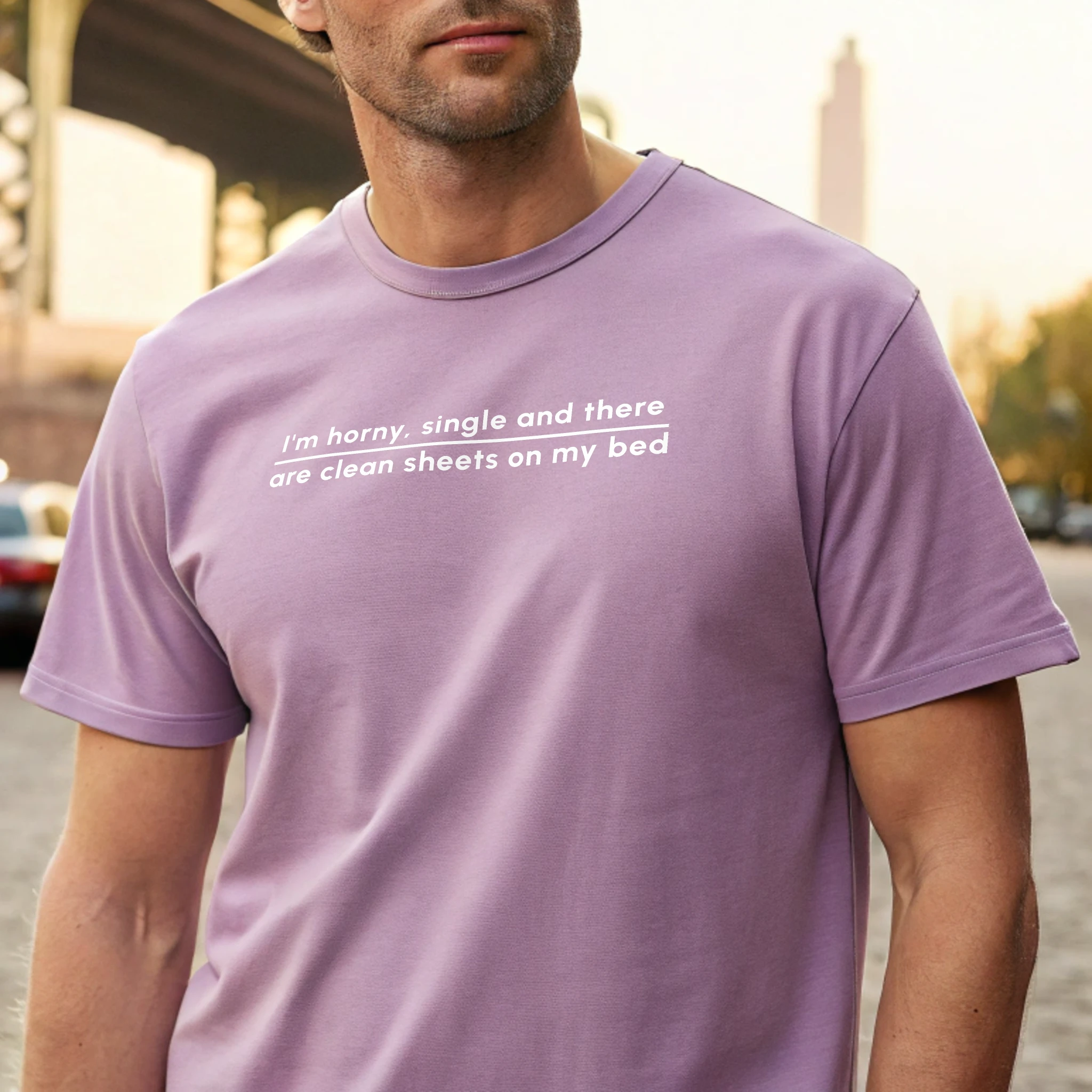 Im Horny Single Fun 020 Neon Violet Shirt Male Model Full Body Closeup