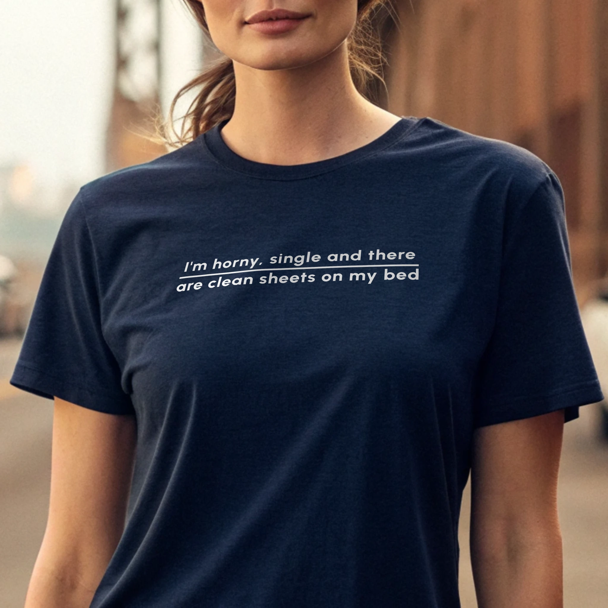 Im Horny Single Fun 020 True Navy Shirt Female Model Full Body Closeup