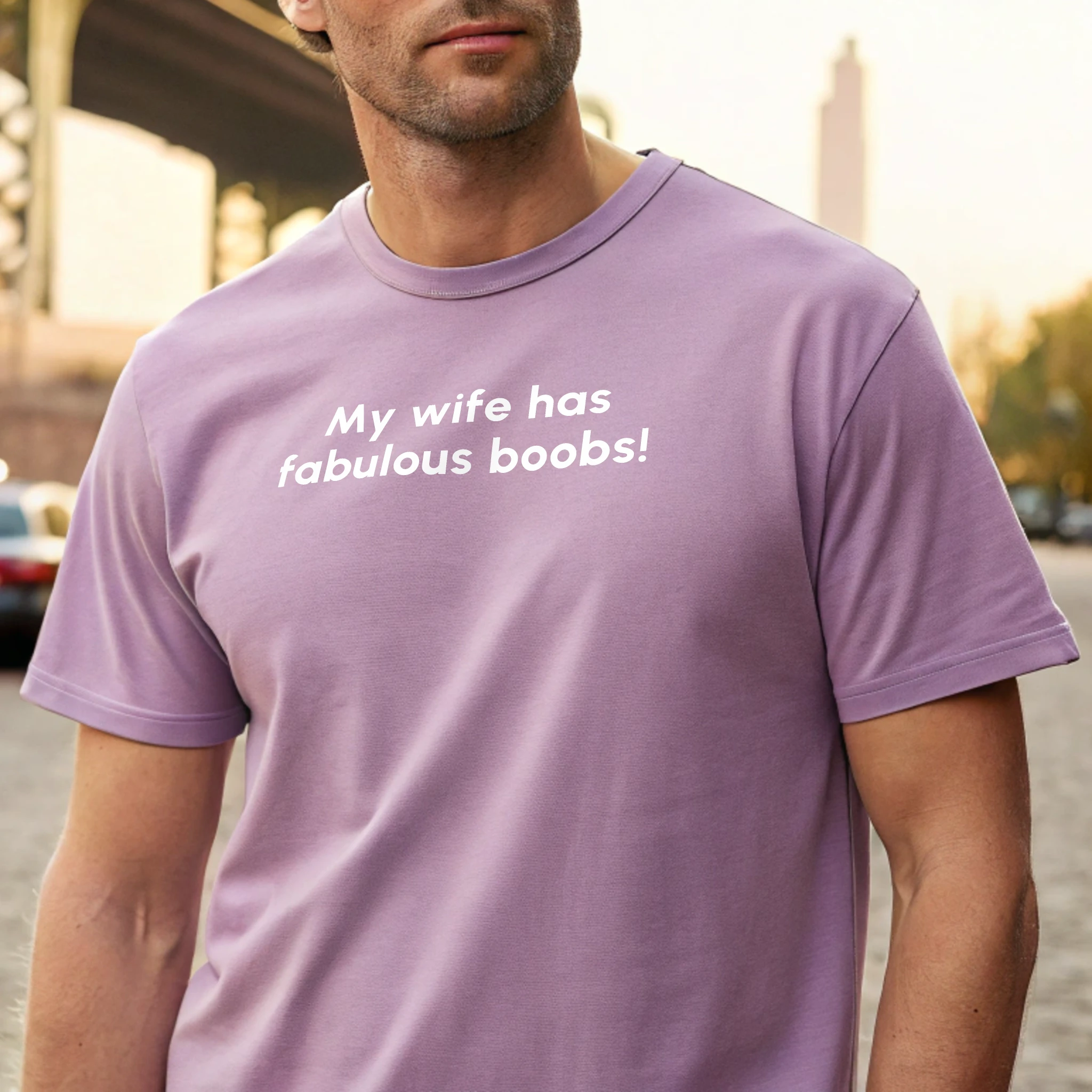 My Wife Has Fabulous Boobs Fun 024 Neon Violet Shirt Male Model Full Body Closeup