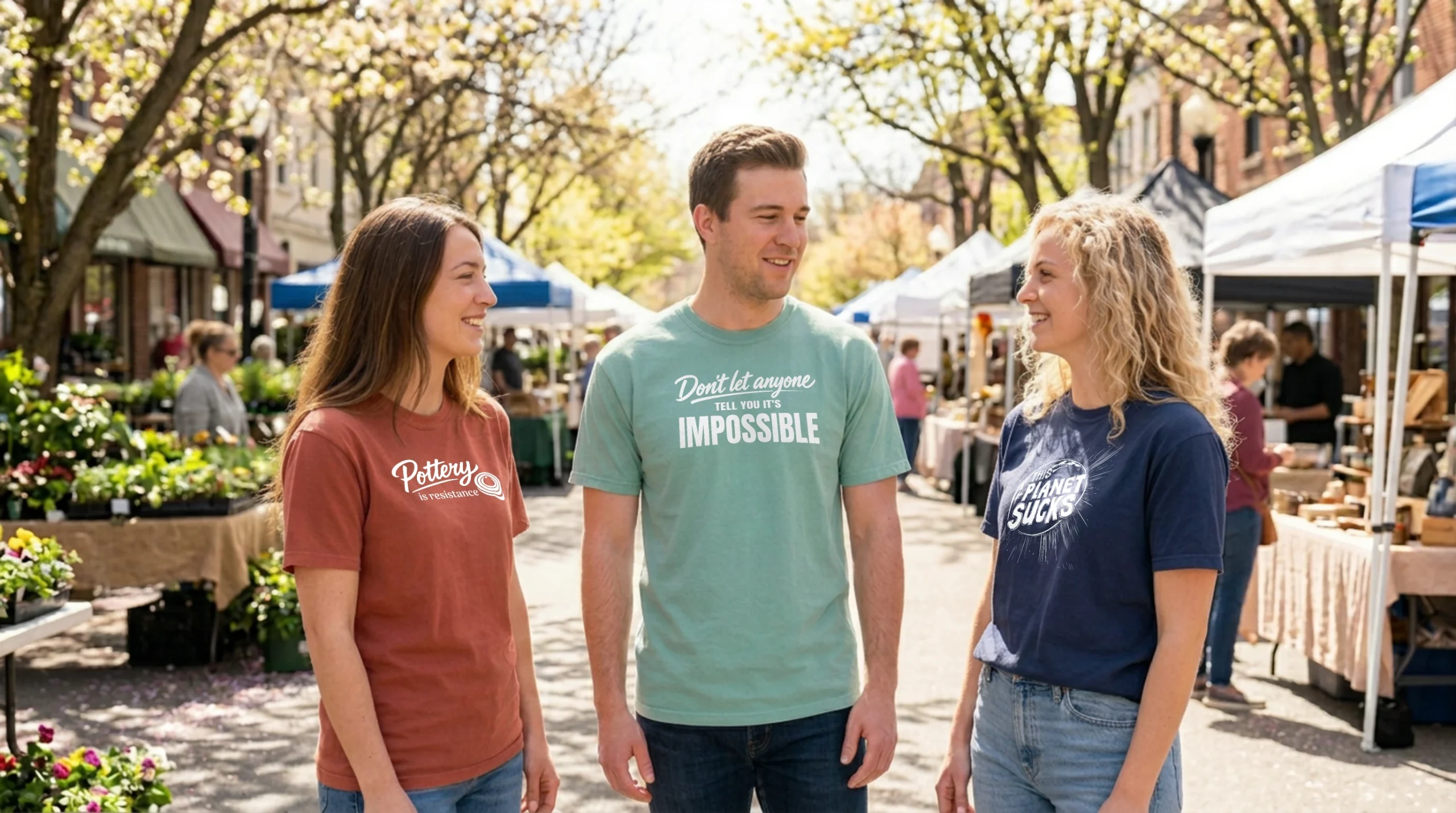 Three Riends At A Spring Market Wearing Oysterwood Comfort Colors Shirts Scaled