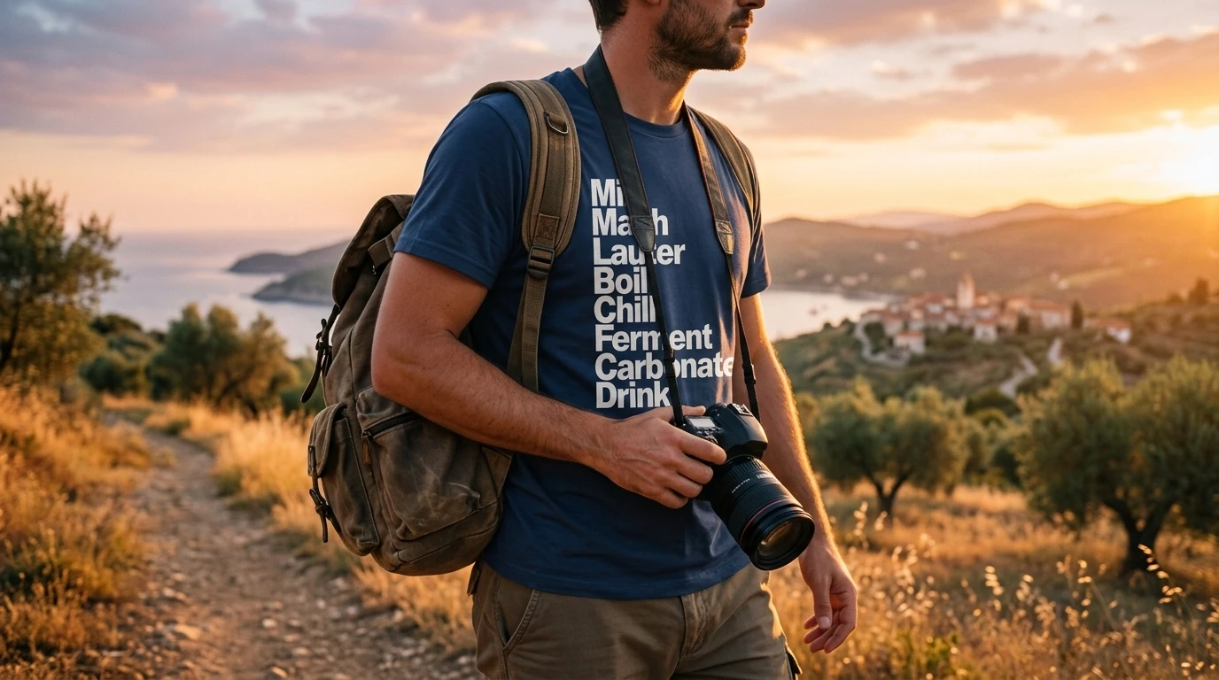 Hiker on a mountain trail wearing our brewing process t-shirt.